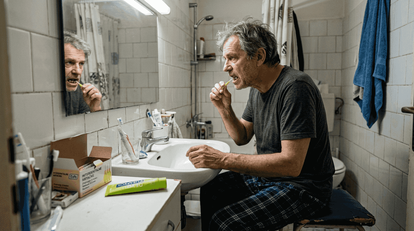 Moški si z medzobno ščetko temeljito očisti zobne vsadke.