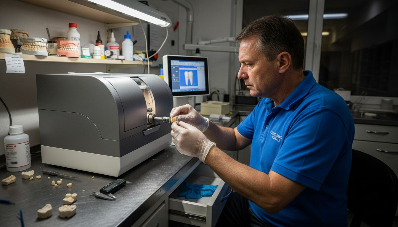 Strokovnjak uporablja sodobno CAD/CAM tehnologijo za izdelavo zobnih kron.