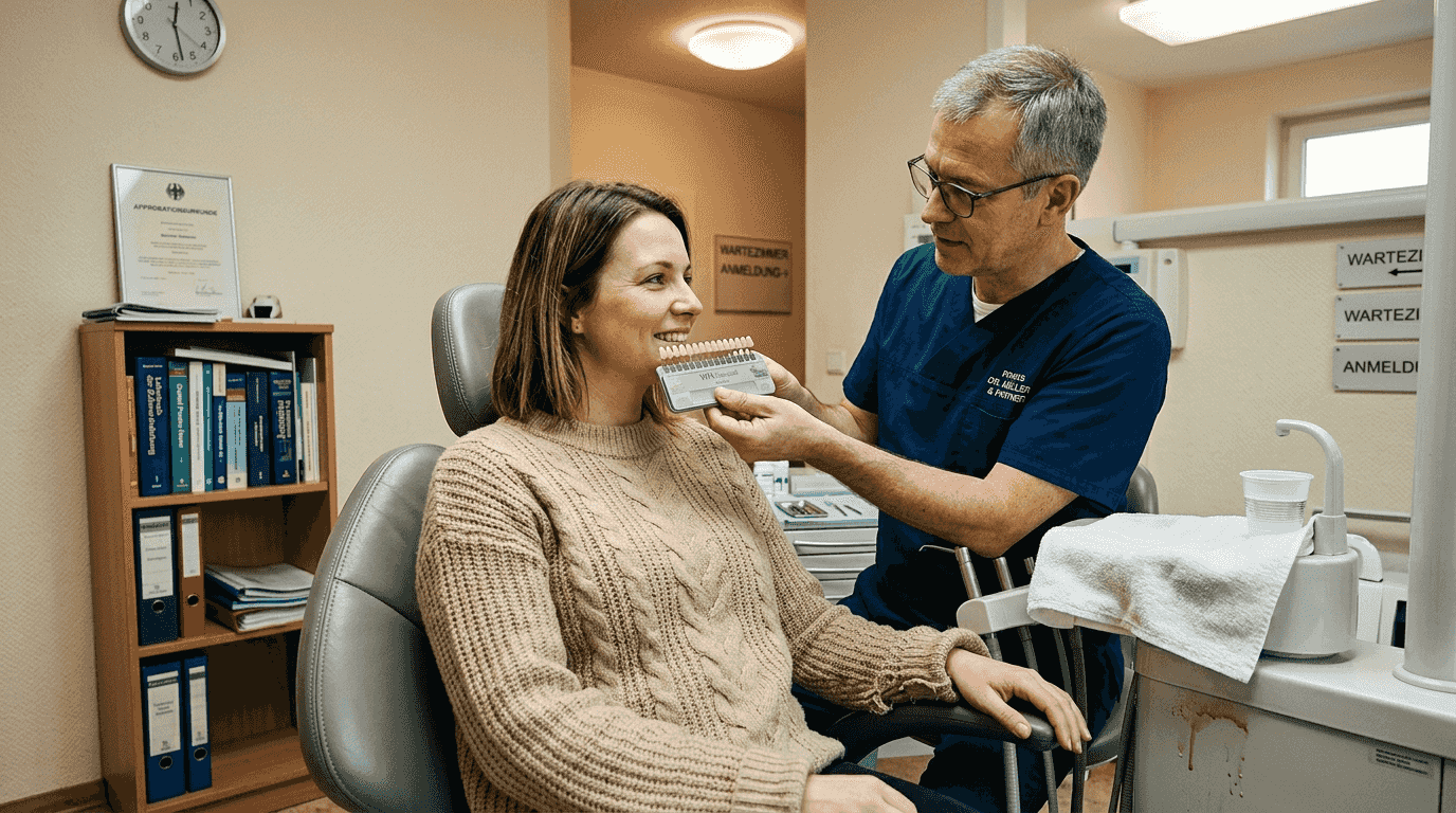 Eine Patientin lässt beim Zahnarzt ihre Zahnfarbe bestimmen, um die optimale Farbabstimmung für Zahnersatz oder Füllungen zu gewährleisten.