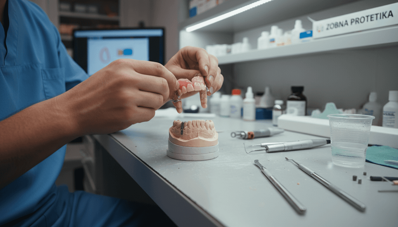 Zobotehnik namešča delno zobno protezo na model zobovja.