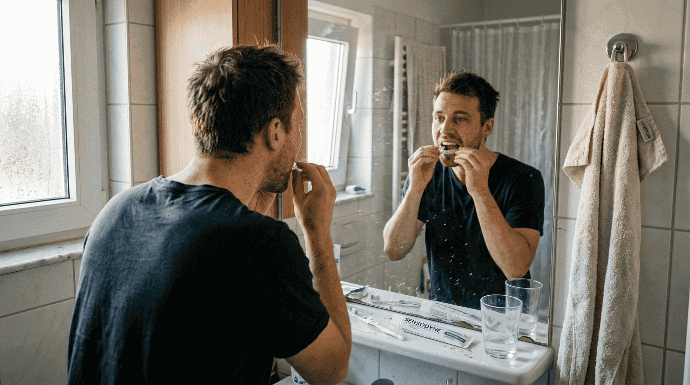 Ein Mann passt seine Zahnschiene im heimischen Badezimmer an.