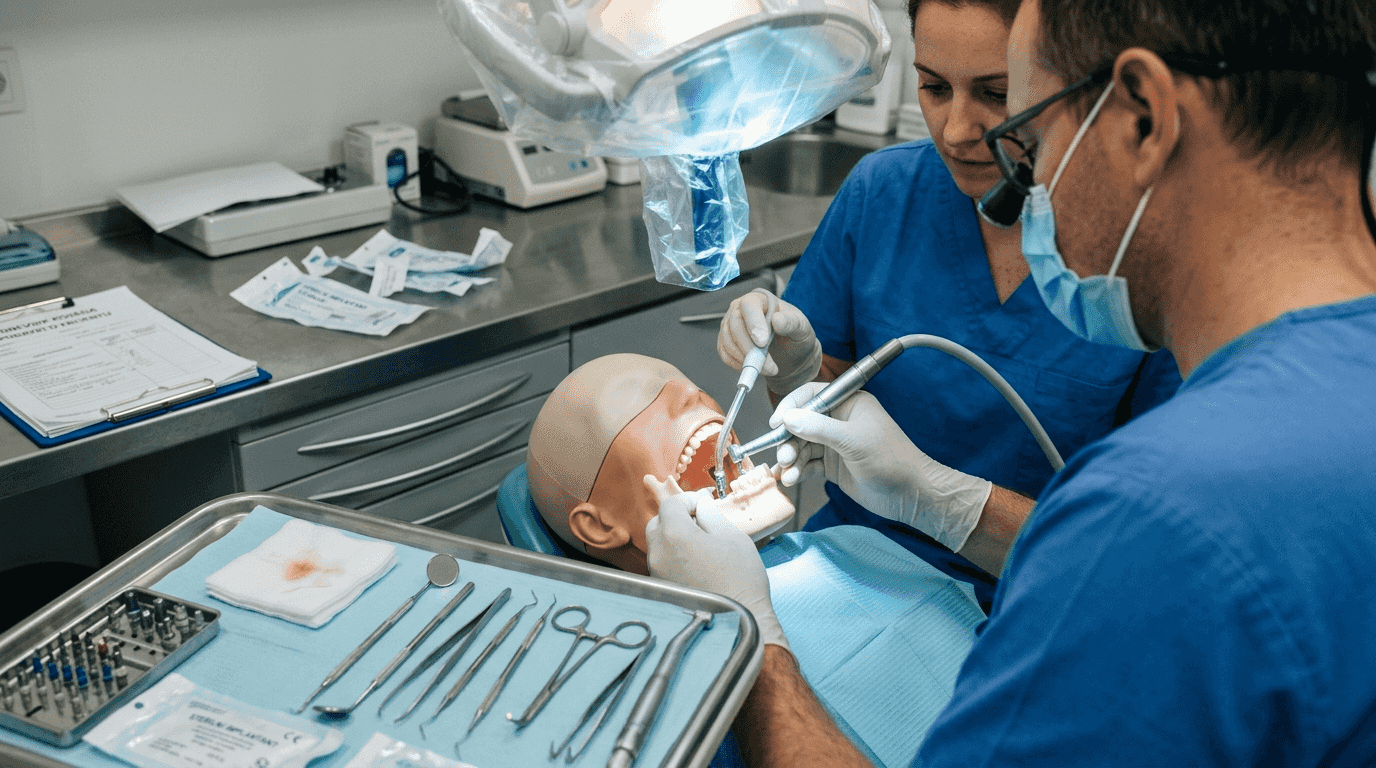 Zobozdravnik specialist prikazuje postopek vstavitve zobnega vsadka.