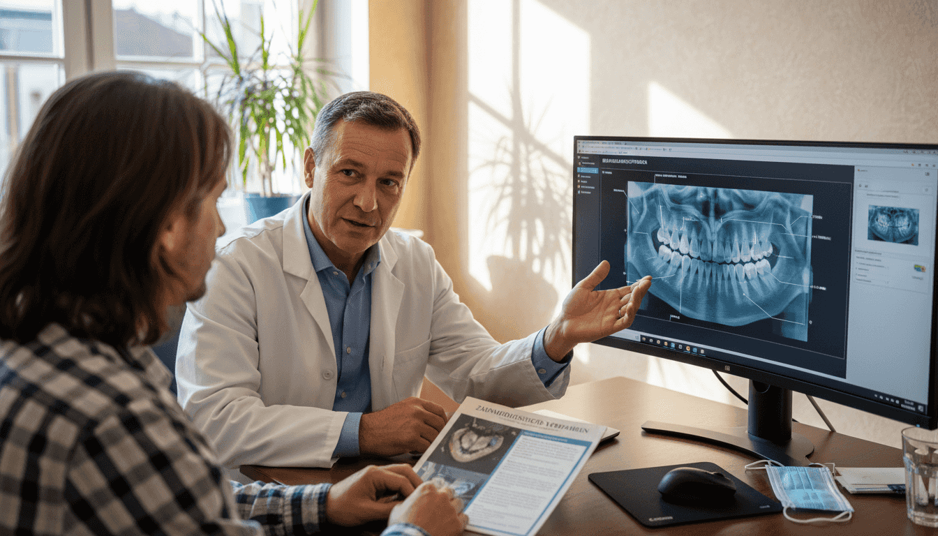 Ein Zahnarzt bespricht gemeinsam mit seinem Patienten die Ergebnisse einer digitalen Zahnaufnahme.