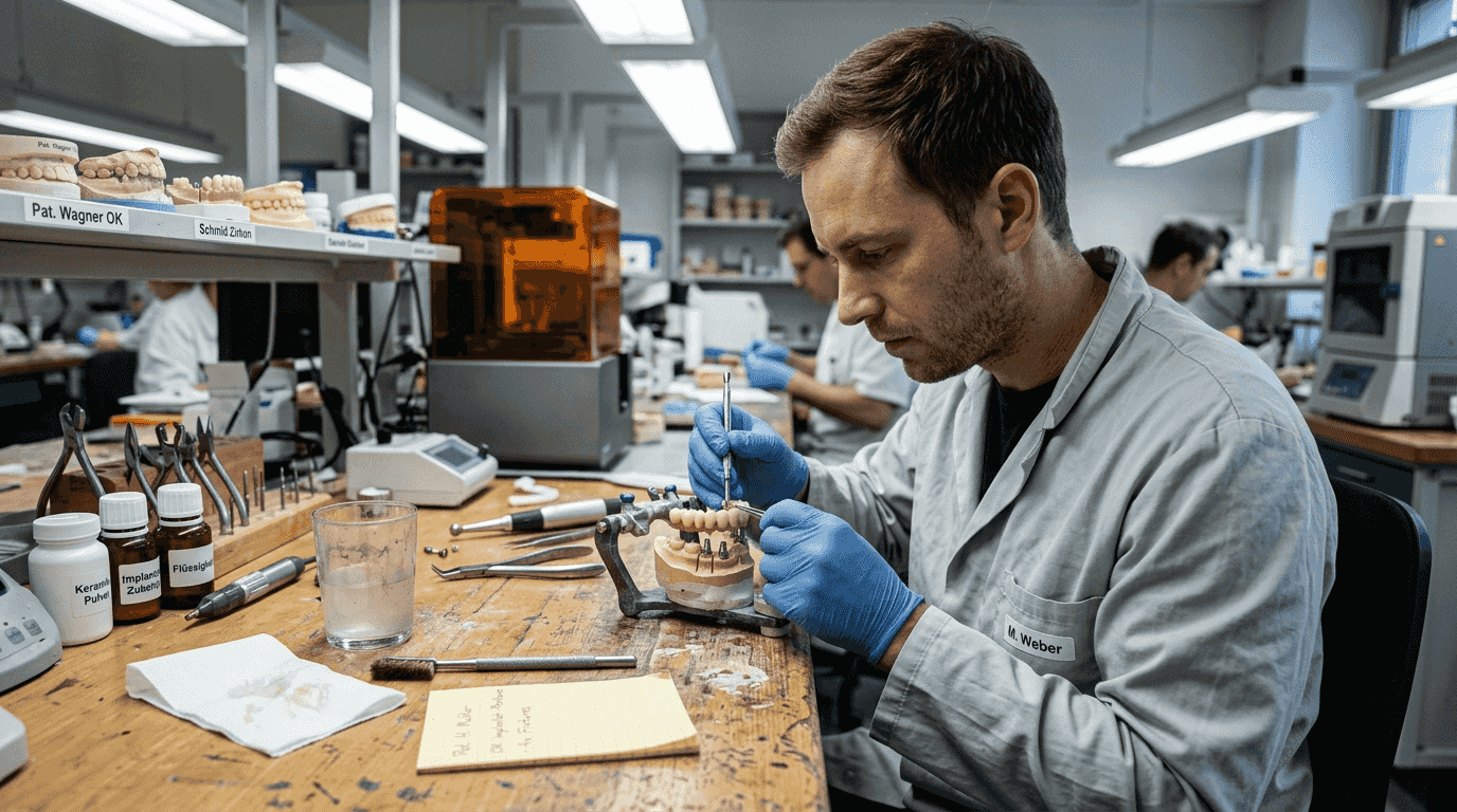 Ein Zahntechniker passt im Labor ein All-on-4-Implantat an.
