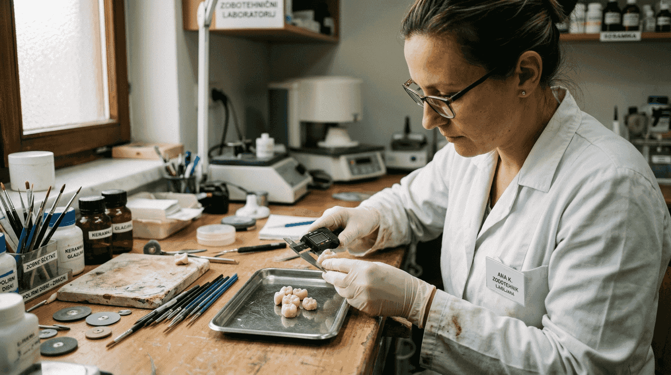 Zobotehnik v laboratoriju natančno pregleduje cirkonijeve prevleke.