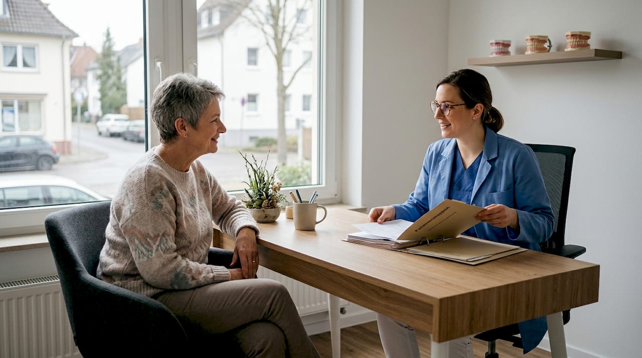 Eine Zahnärztin informiert eine ältere Patientin ausführlich über verschiedene Möglichkeiten des Zahnersatzes.