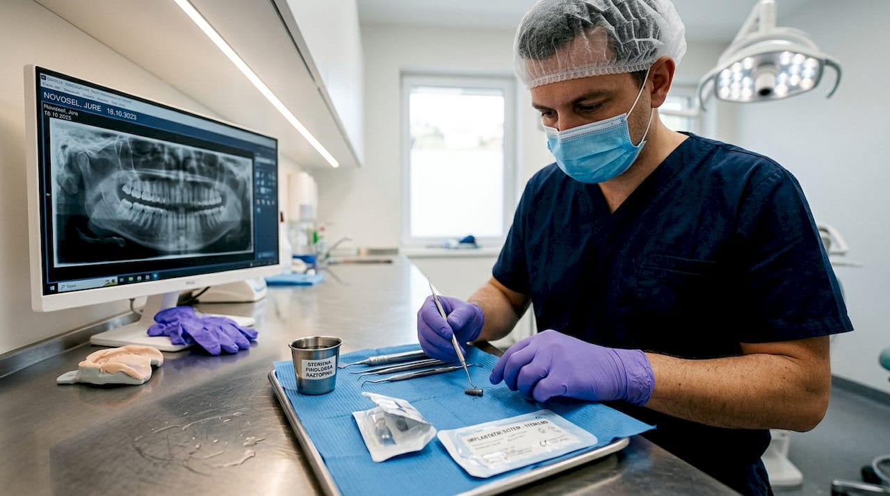 Zobni kirurg se pripravlja na vstavljanje implantatov in ureja potrebne instrumente.