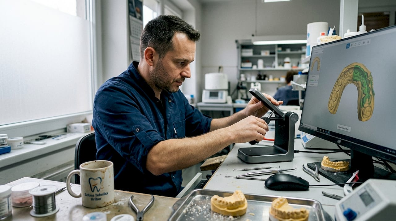 Zobni tehnik za delovno mizo uporablja sodoben 3D skener za natančno izdelavo zobnih modelov.