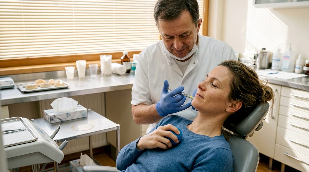 Zobozdravnik pacientu vbrizga lokalno anestezijo za omrtvičenje dela ust.