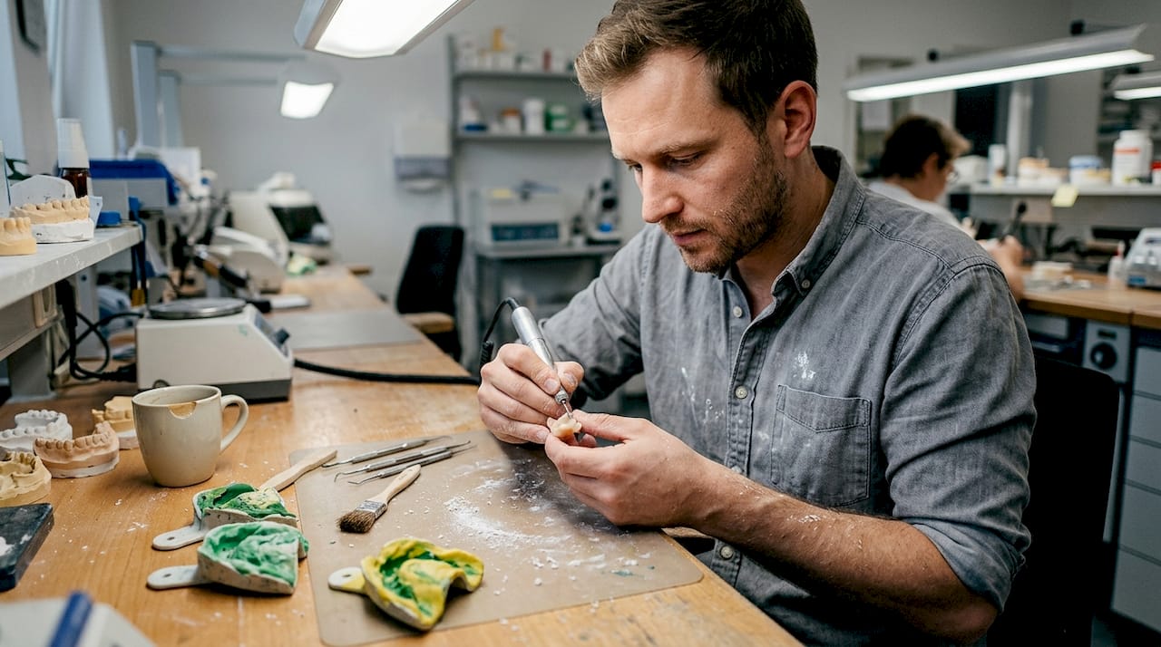 Ein Zahntechniker fertigt im Labor eine provisorische Zahnkrone an und passt sie sorgfältig an.