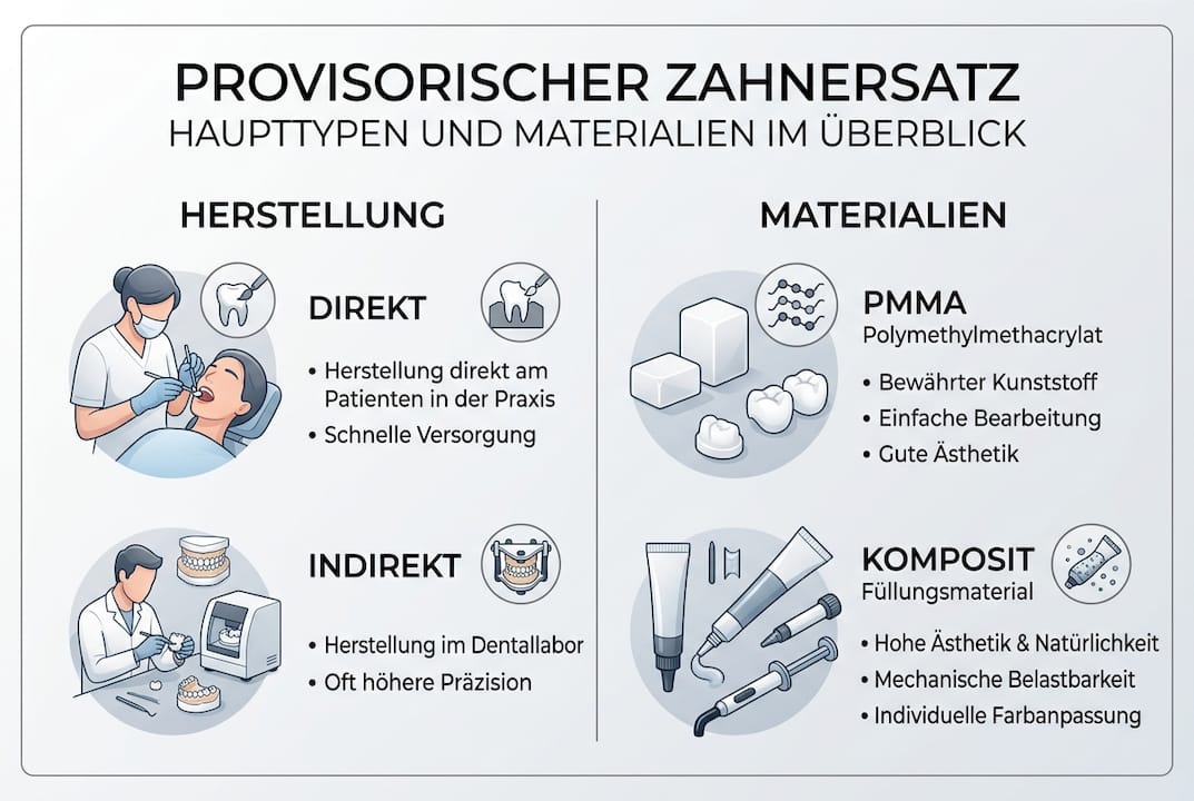 Welche Arten und Materialien gibt es bei provisorischem Zahnersatz? Ein kompakter Überblick.