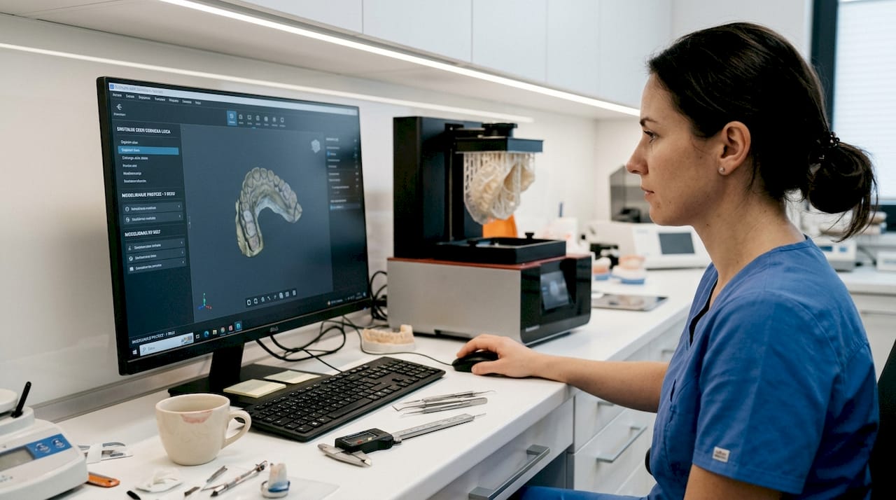 Zobni tehnik pri delu z digitalnim 3D posnetkom natančno oblikuje zobne nadomestke in skrbi za popolno prilagoditev pacientu.