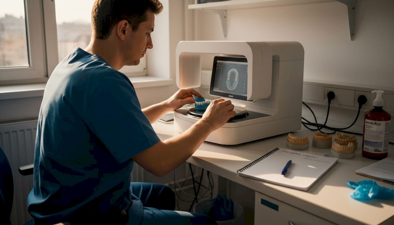 Strokovnjak v zobni ambulanti uporablja sodoben 3D skener za natančno zajemanje zobnih odtisov.