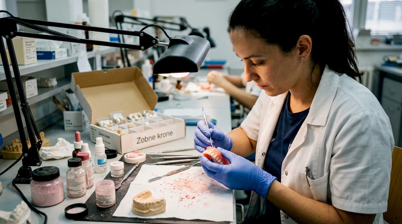 Zobotehnik pri delu z materiali v laboratoriju