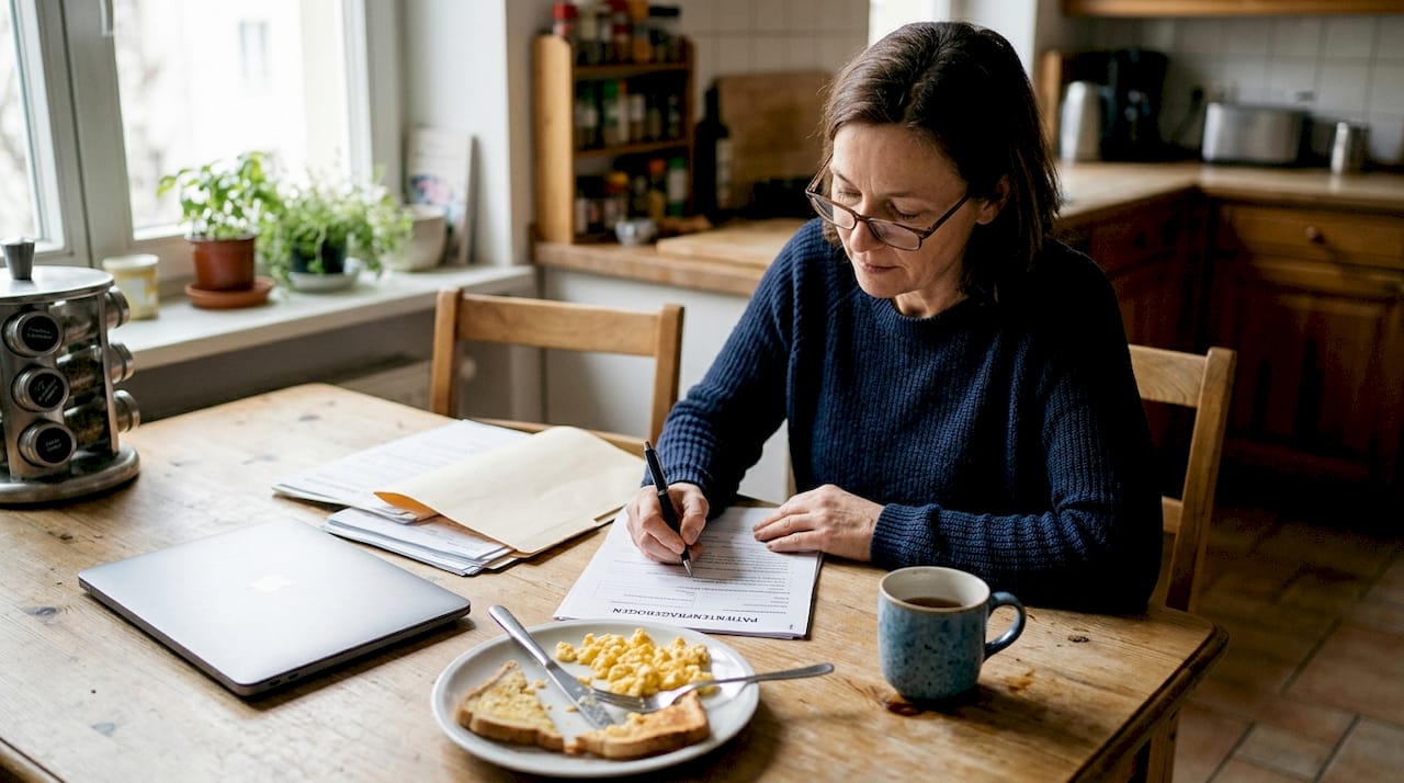 Ein Patient sitzt am Küchentisch und geht sorgfältig eine Checkliste für seine bevorstehende Zahnimplantat-Behandlung durch.