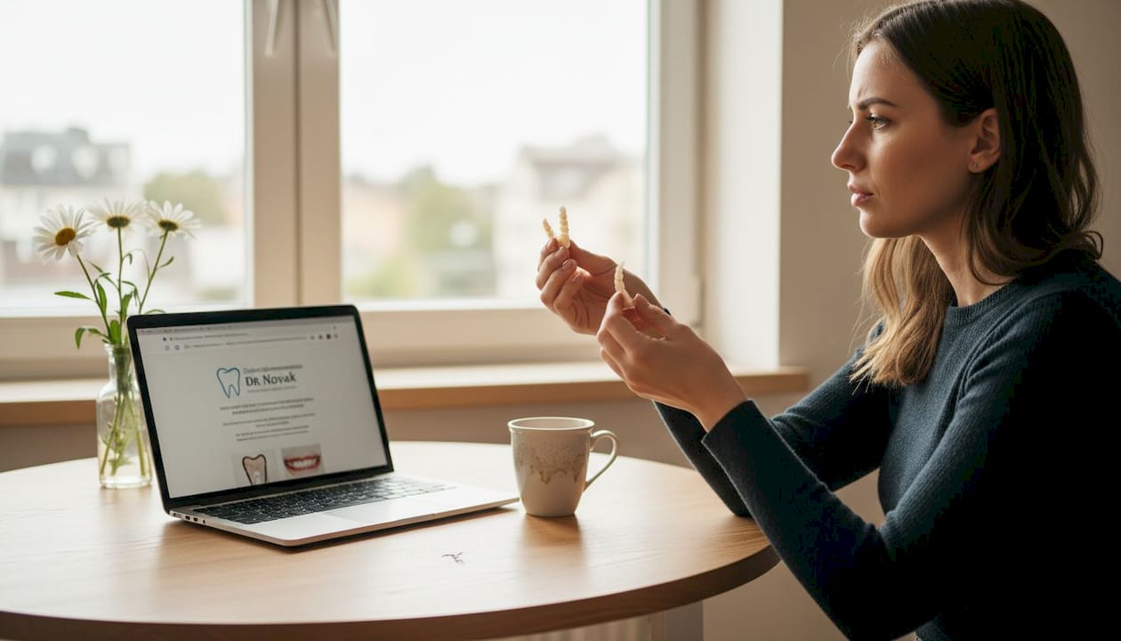 Ženska ob mizi pregleduje različne vzorce zobnih prevlek in se odloča, katera bi najbolj ustrezala njenemu nasmehu.