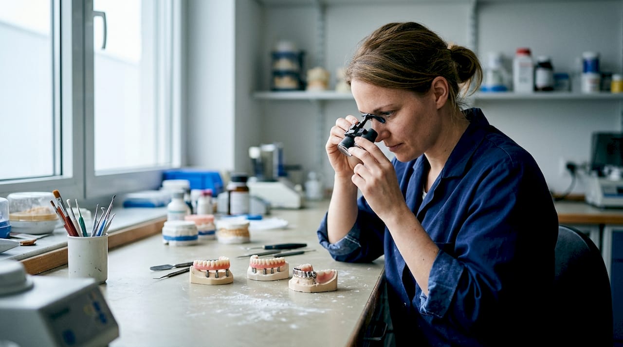Ein Zahntechniker sortiert Implantatmodelle auf dem Arbeitstisch.
