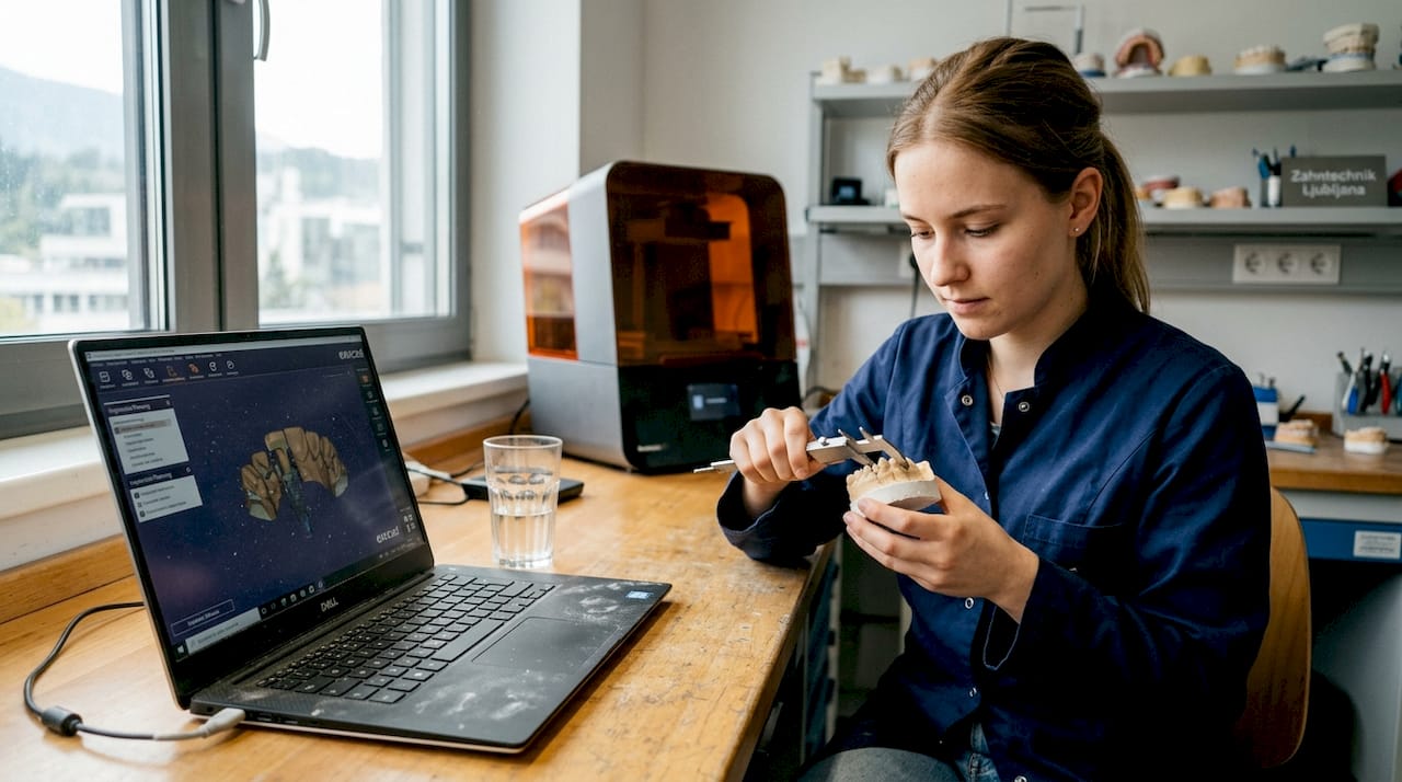 Im zahntechnischen Labor nimmt eine Zahntechnikerin ein neues Implantat genau unter die Lupe.