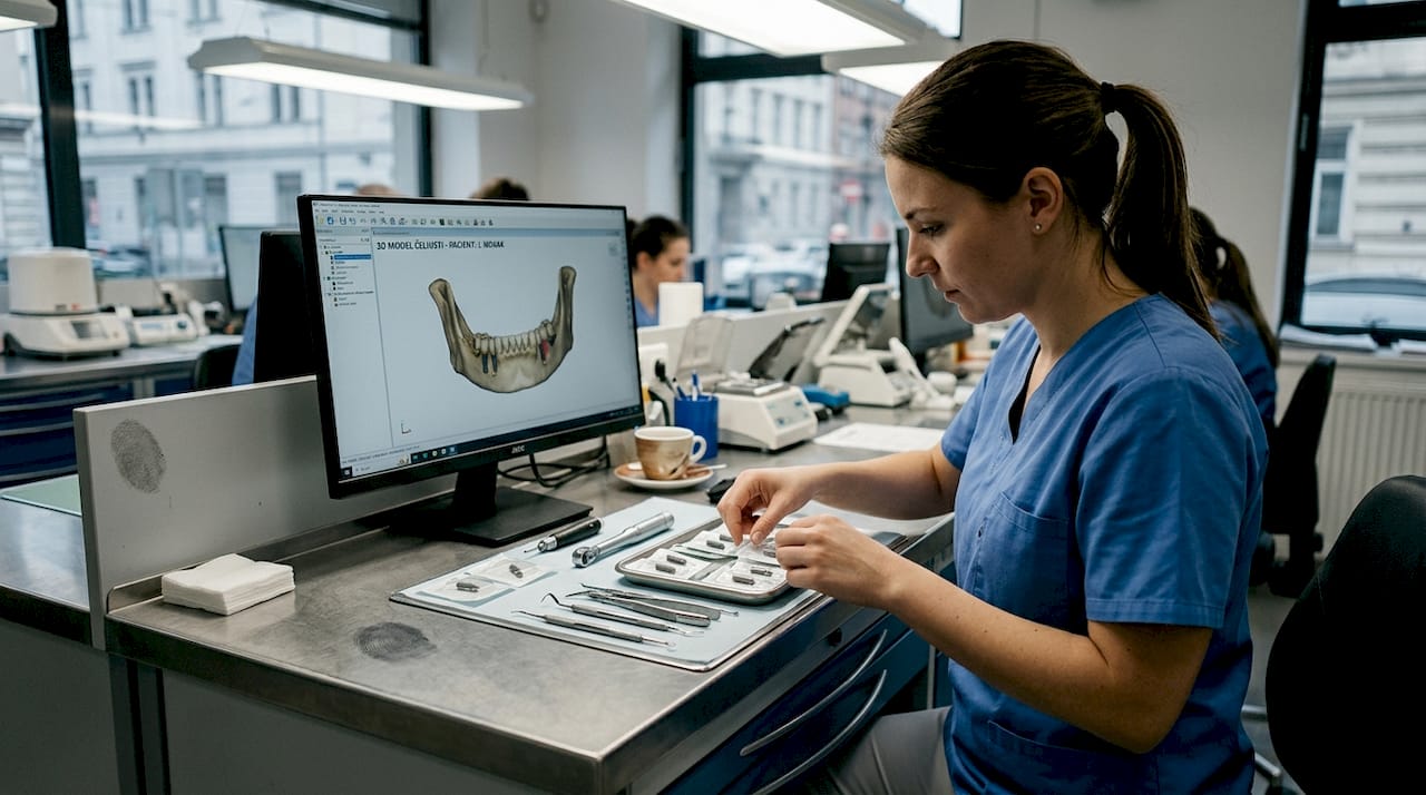 Asistentka pripravlja zobne vsadke na delovni mizi.