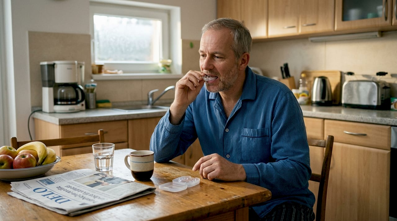 Moški si med zajtrkom sname nevidni zobni aparat.