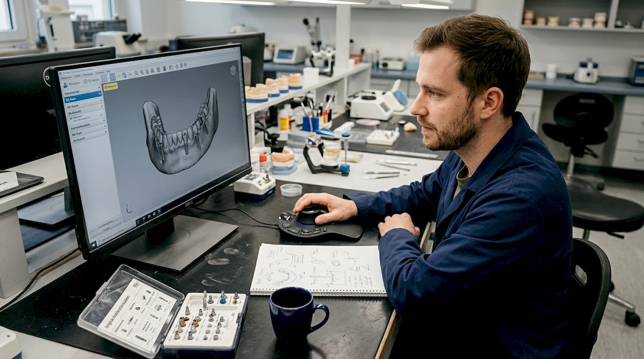 Ein Zahntechniker plant das Implantat am Computer.