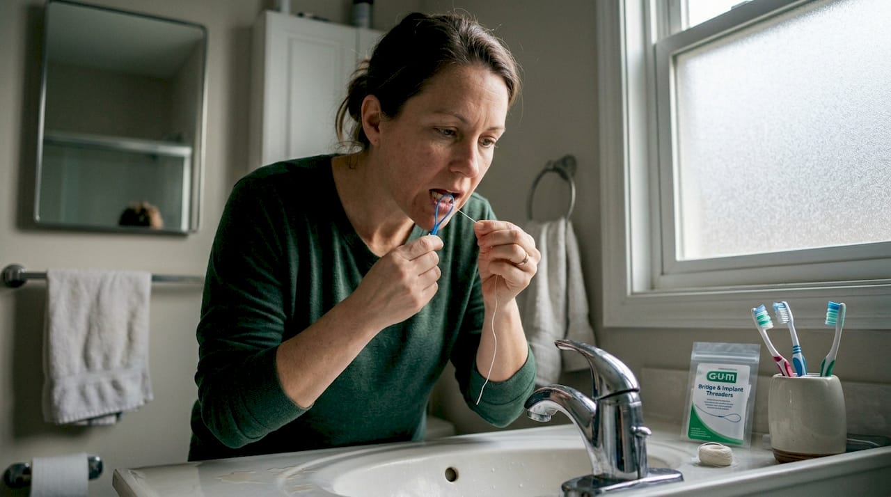Ženska si s pomočjo zobne nitke čisti zobe okoli zobnega vsadka.