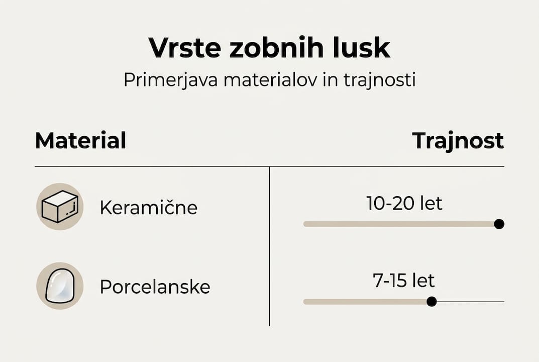 Pregled različnih vrst zobnih lusk in njihove dolgotrajnosti v infografiki