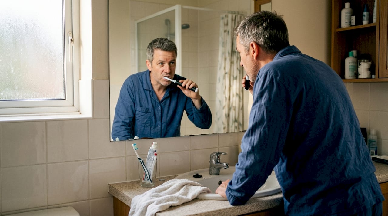 Moški si doma z električno zobno ščetko umiva zobe.