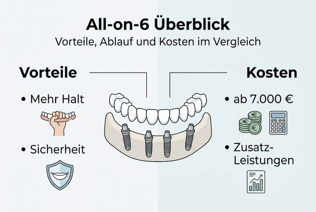 Infografik: Die wichtigsten Vorteile und Kosten von All-on-6 Implantaten auf einen Blick