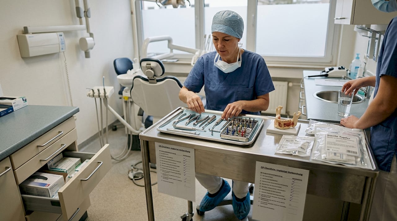 Der Zahnarzt bereitet die Instrumente für das Einsetzen eines Implantats vor.