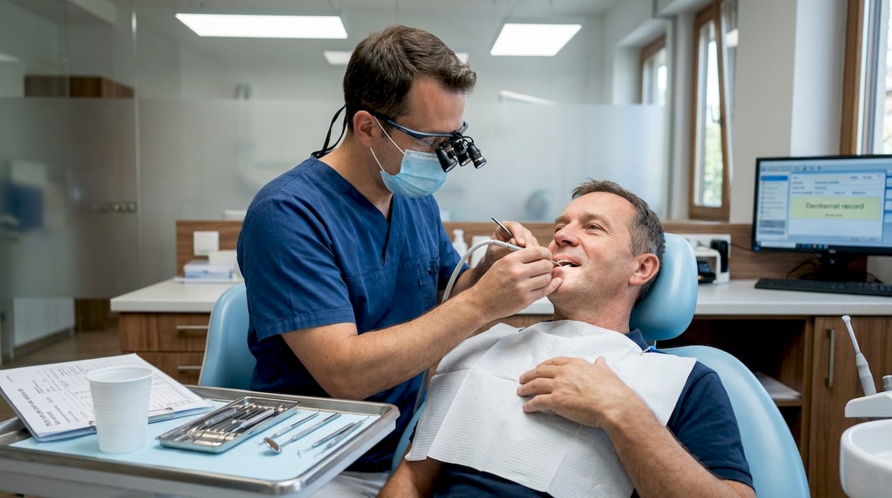Zobozdravnik opravlja čiščenje zob pri pacientu.