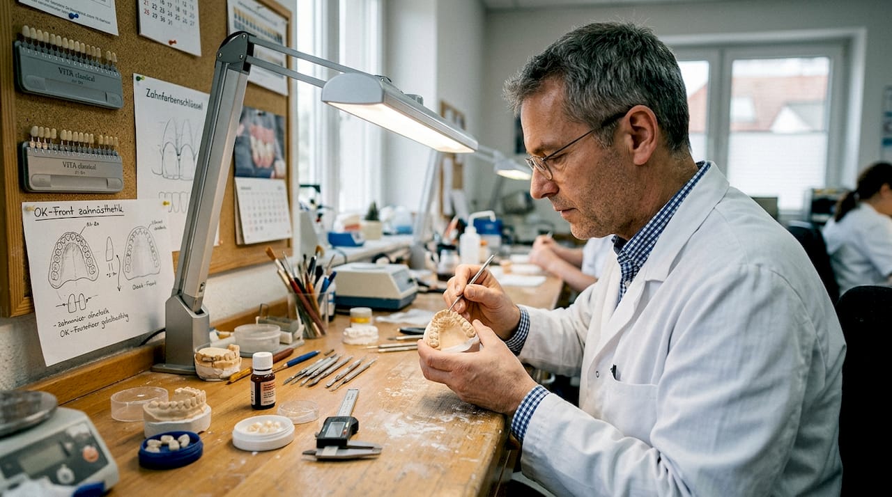 Ein Zahntechniker formt ein Gipsmodell von Zähnen.