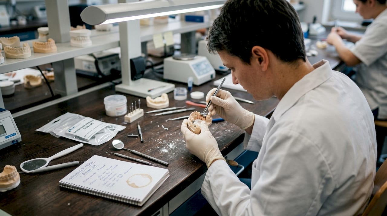 Ein Zahntechniker prüft das Modell einer Implantat-Brücke auf Präzision und Passgenauigkeit.