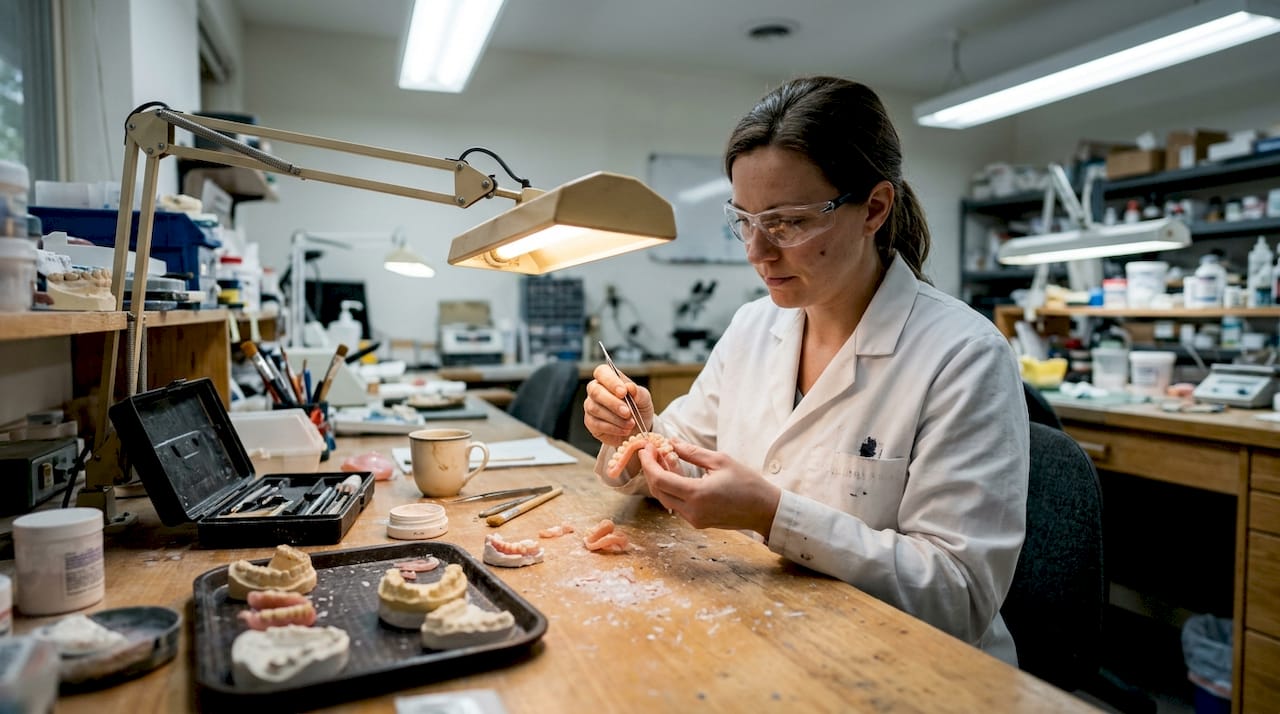 Ein Zahntechniker begutachtet eine Teilprothese sorgfältig.