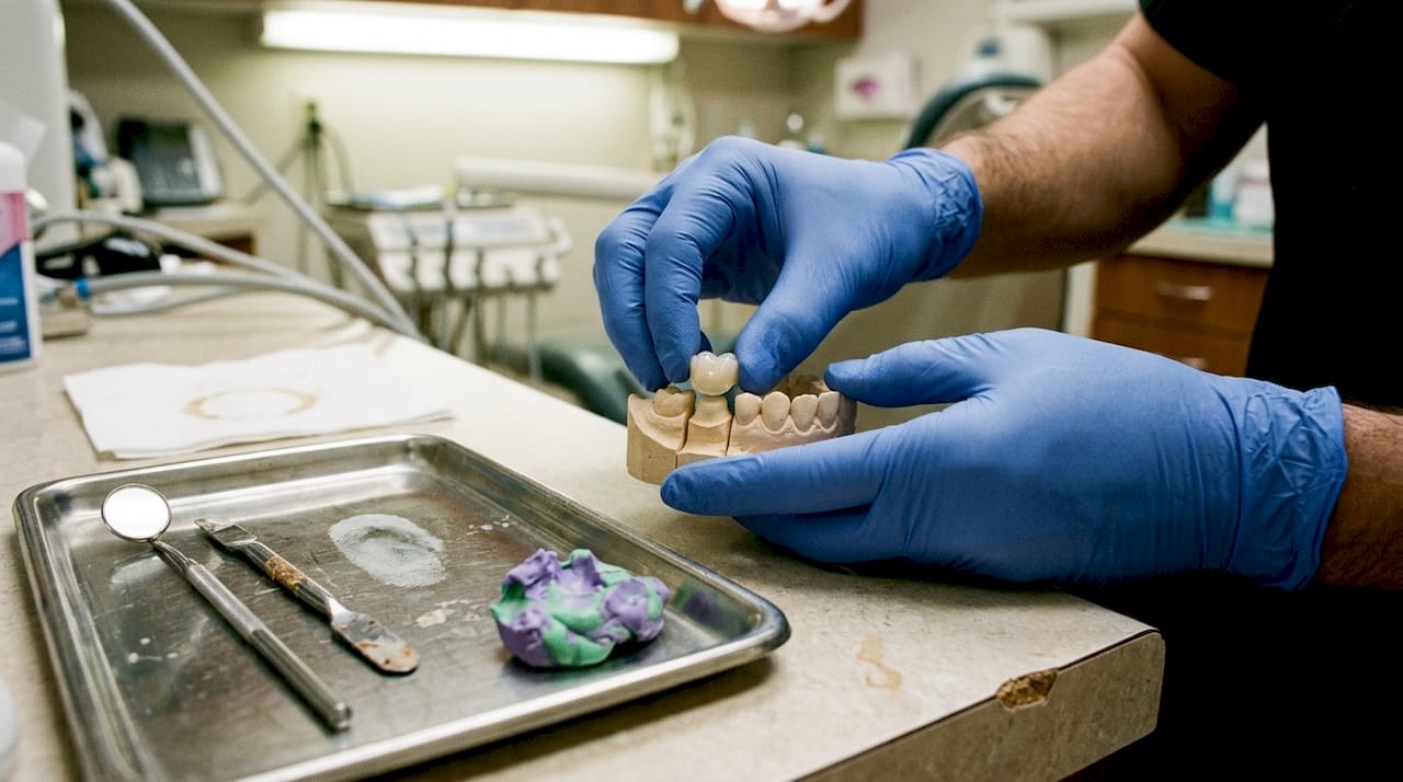 Zobozdravnik previdno namešča cirkonijevo zobno krono.