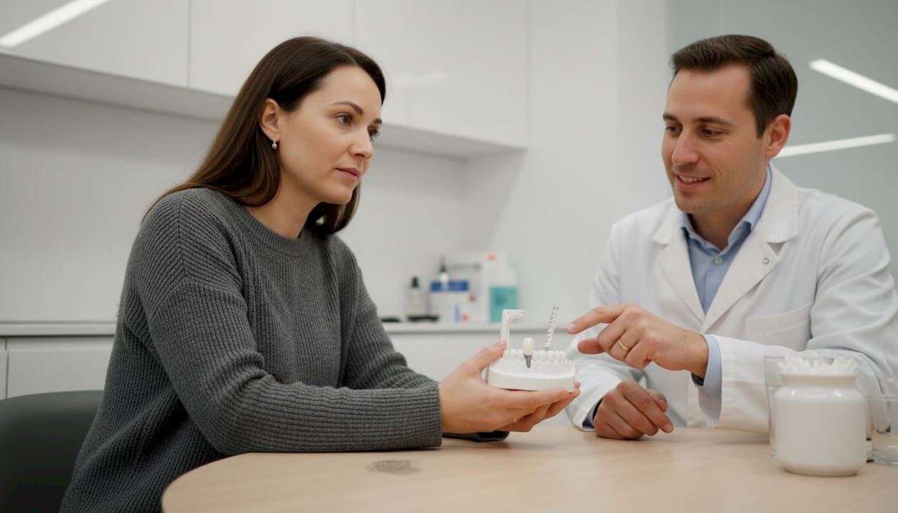 Pacient si med posvetom ogleduje model cirkonijevega vsadka.