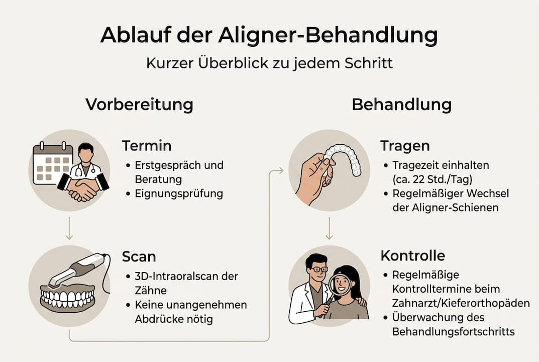 Infografik: Der Weg zur perfekten Zahnkorrektur mit Alignern – Schritt für Schritt erklärt