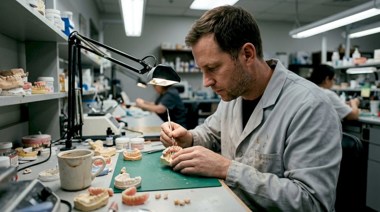 Ein Zahntechniker fertigt gerade ein All-on-6-Modell an.