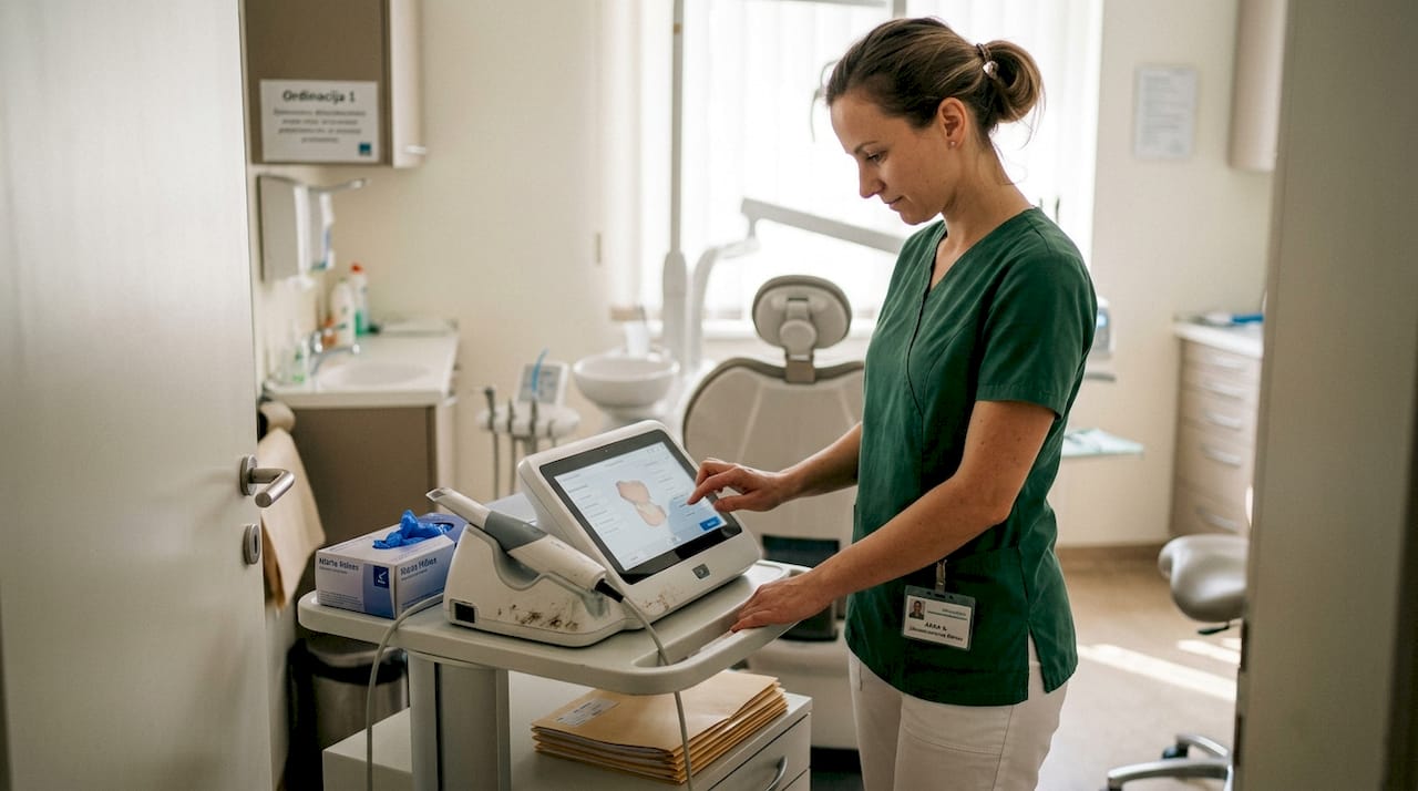 Tehnik uporablja intraoralni skener za zajem digitalnega odtisa zob.