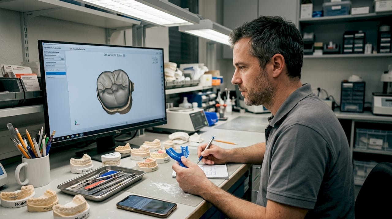 Ein Zahntechniker betrachtet am Bildschirm den digitalen Scan einer Zahnkrone.