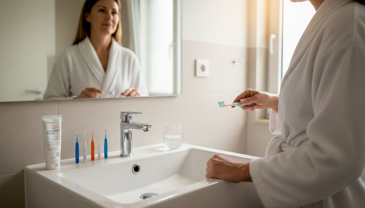 Implantatpflege gehört für diese Frau ganz selbstverständlich zur täglichen Badroutine.