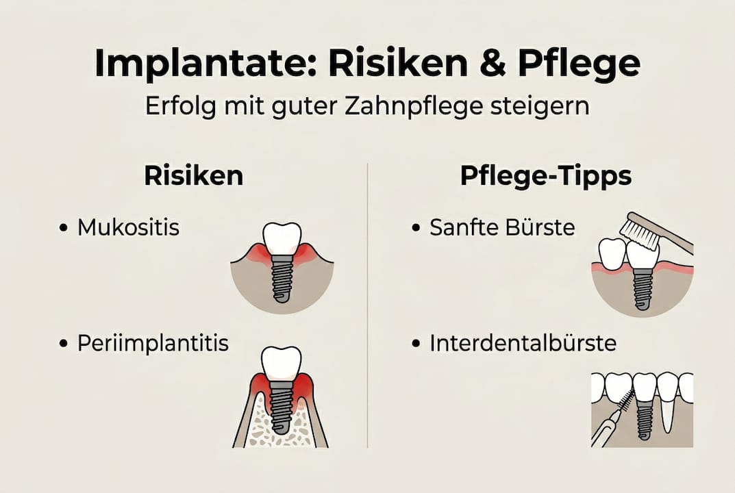 Infografik: Mögliche Risiken bei Zahnimplantaten und wie Sie Ihre Implantate optimal pflegen