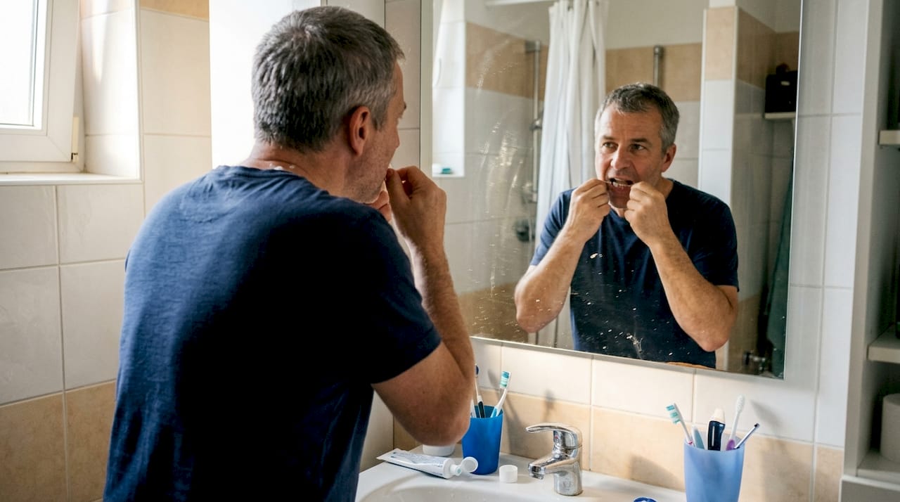 Moški si doma z nitko čisti zobe v bližini zobnega vsadka.