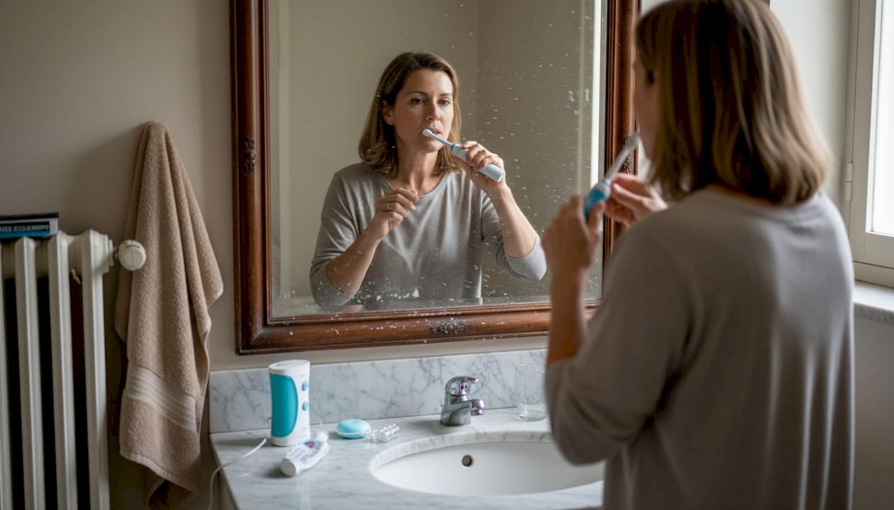 Eine Frau putzt sich im heimischen Badezimmer die Zähne.