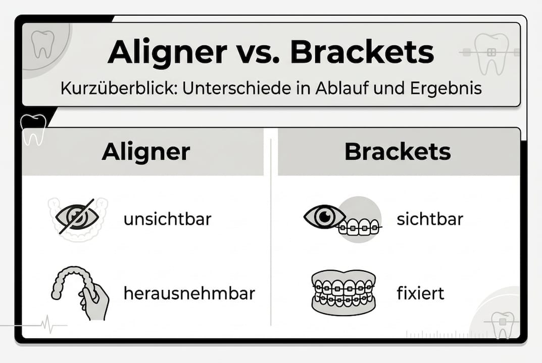Grafik zeigt die Unterschiede zwischen Alignern und festen Zahnspangen auf einen Blick.