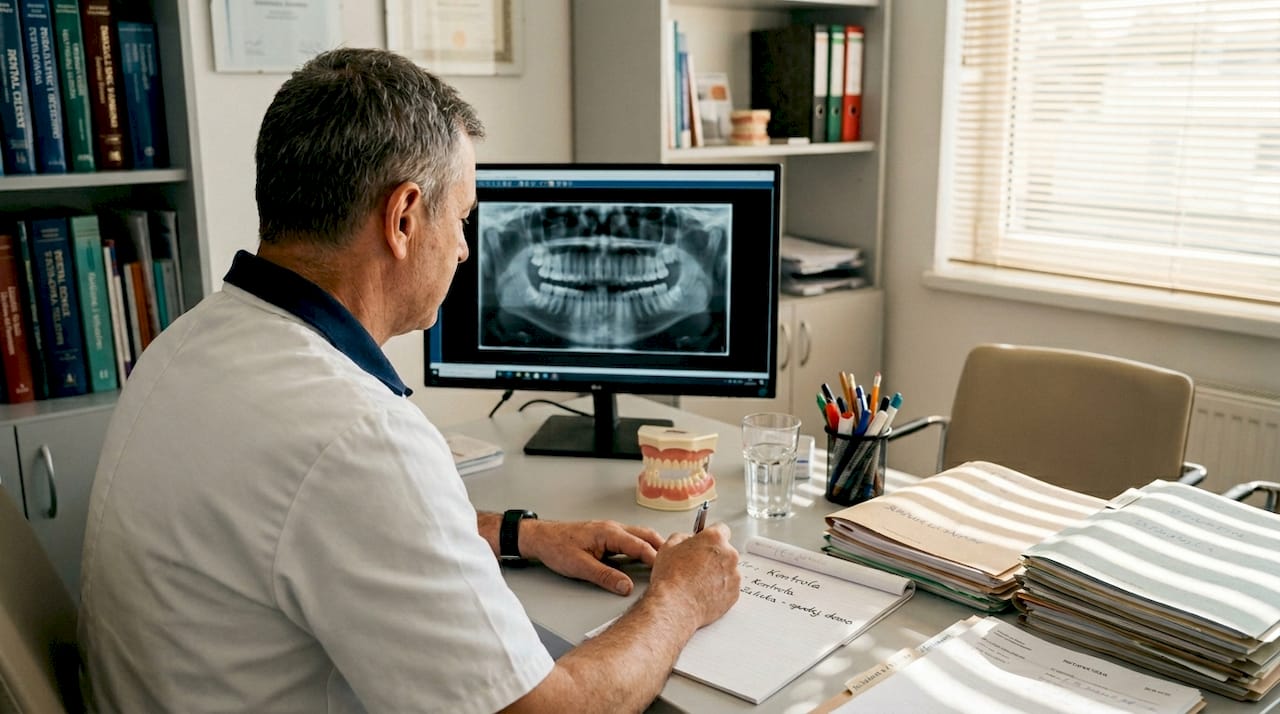 Zobozdravnik si za pisalno mizo natančno ogleduje zobno rentgensko sliko.