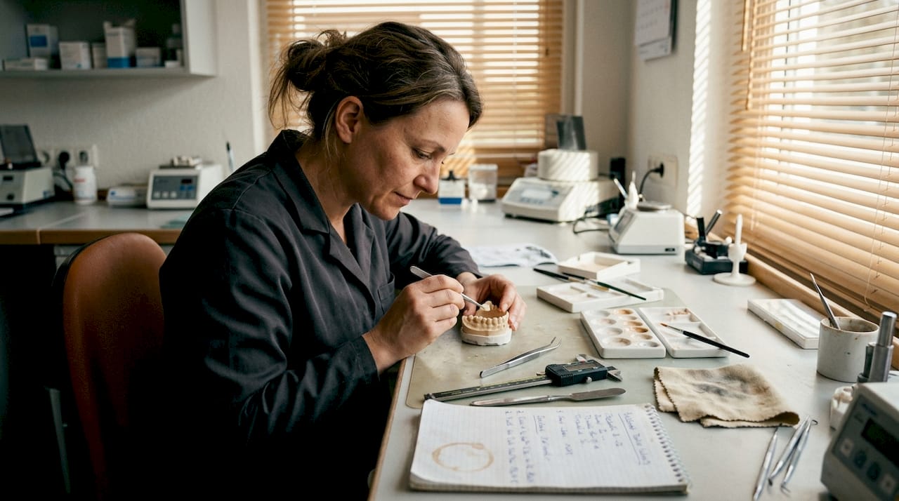 Ein Zahntechniker passt eine Keramikverblendschale individuell an.