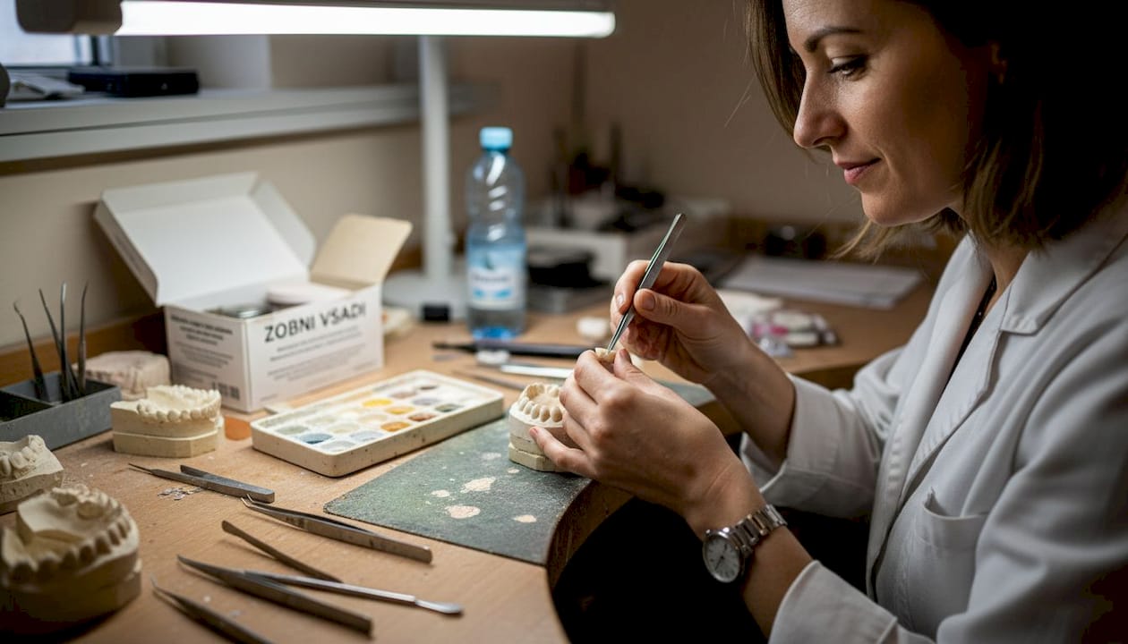 Strokovnjak natančno namešča zobno krono na model zobovja.