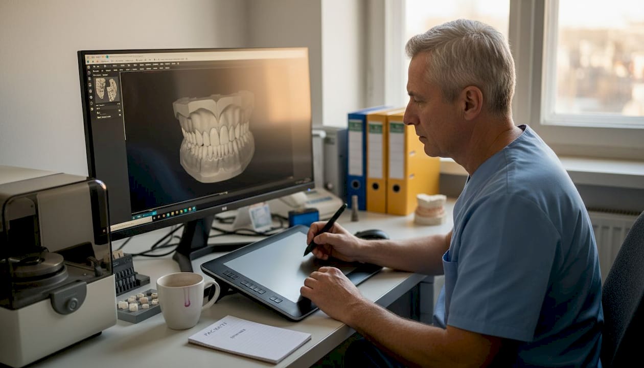 Zobozdravnik načrtuje zdravljenje s pomočjo tridimenzionalnega modela zob.