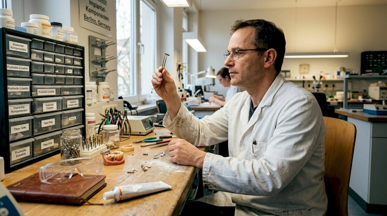 Ein Zahntechniker begutachtet am Arbeitstisch ein Titanimplantat.